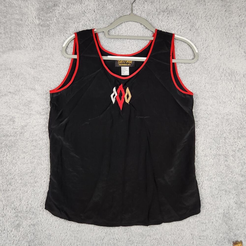 Vintage Bob Mackie Tank Top Womens Medium Black Embroidered 90s Silk Boho Art